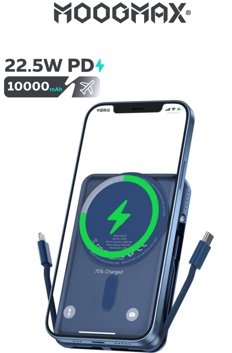 موجماكس باور بنك بسعة 10000 مللي أمبير. باور بانك صغير لاسلكي مغناطيسي (ماج سيف). شاحن متنقل صغير بثلاث منافذ (يو اس بي& تايب سيPD& لايتنينج ايفون). بطاريه متنقله باسلاك شحن قماشية مدمجة (تايب سي& لايتنينج ايفون). بور بنك بقوة شحن 15واط لشحن اللاسلكي و22.5 واط لمنافذ الشحن والكيابل. أزرق - Image 1